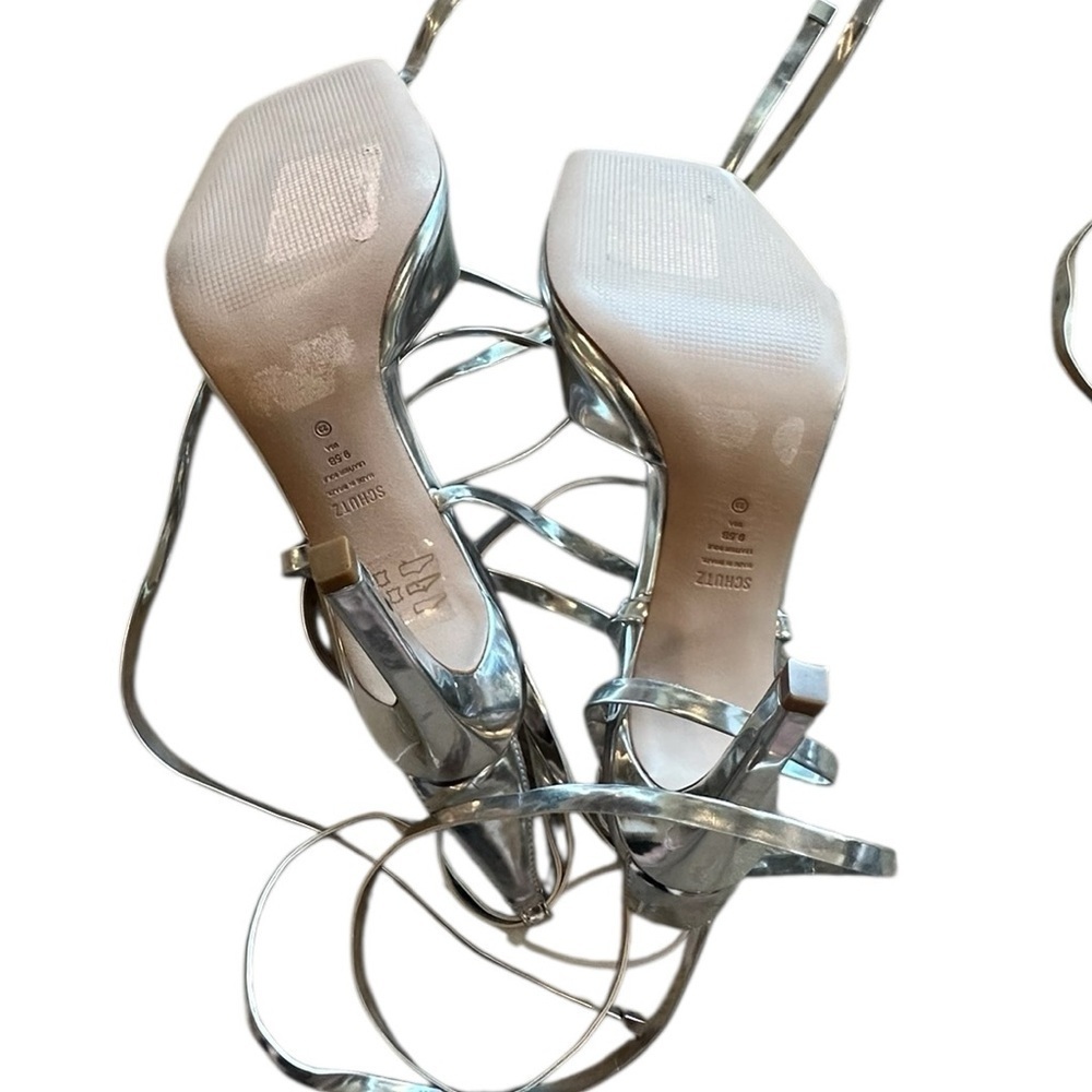 NEW Schutz Bryce Metallic Silver Heels | Ankle Wrap Strappy Sandals | Size 9.5 - Picture 13 of 13